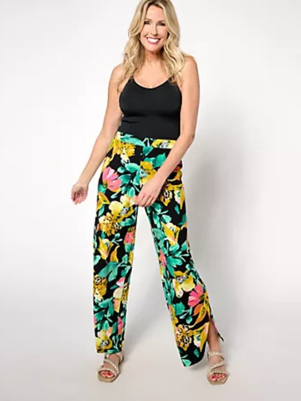 Denim & Co. Beach Jersey Wide Leg Pant w/Slits New Black Floral Petite 3X